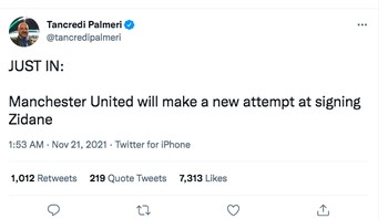 Bahkan memang sudah ada kabar MU telah mencoba merekrut Zidane. Foto: Twitter