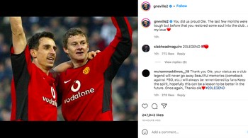 “Kamu membuat kami bangga, Ole. Beberapa bulan terakhir memang berat tapi sebelumnya, kamu mengembalikan jiwa klub ini,” tulis Gary Neville. Foto: Twitter