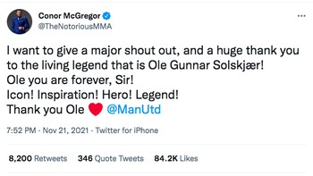 Bintang UFC Connor Mc Gregor yang fans berat MU juga berterima kasih pada Ole. “Terima kasih banyak pada legenda hidup Ole Gunnar Solskjaer. Seorang ikon, pahlawan, legenda,” tulisnya. Foto: Twitter
