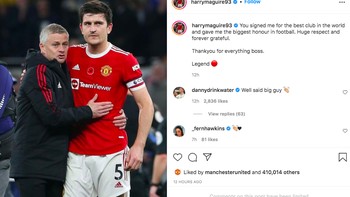 “Kamu merekrutku ke klub terbaik dunia dan memberiku kehormatan terbesar dalam sepakbola. Respek yang besar dan selamanya bersyukur. Terima kasih untuk semuanya bos,” tulis Harry Maguire. Foto: Twitter