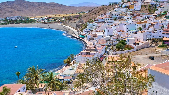 Las Playitas multicolor houses in the mountain in Fuerteventura.