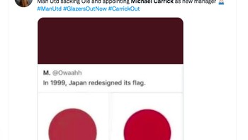 Netizen ini menilai sama saja Ole digantikan dengan Carrick karena kurang pengalaman, mirip dengan pergantian desain bendera Jepang zaman dulu yang tampak sama saja. Foto: Twitter