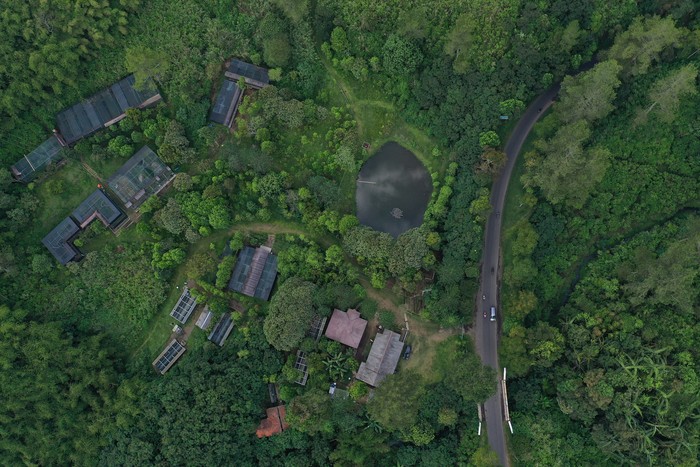 Foto udara lokasi Pusat Konservasi Elang Kamojang di dataran tinggi Kamojang, Garut, Jawa Barat.
