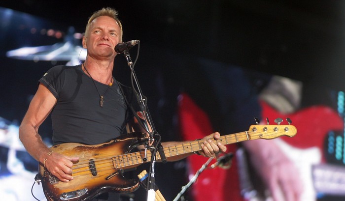Sting HAMBURG, GERMANY - SEPTEMBER 11: Lead singer Sting of the British rock band The Police, performs on stage of the HSH Nordbank Arena on September 11, 2007 in Hamburg, Germany. The concert starts their German Tour. (Photo by Krafft Angerer/Getty Images)