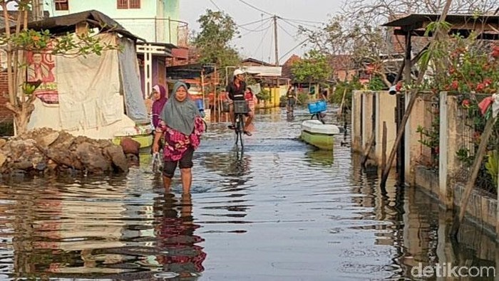Banjir yang merendam kawasan Pekalongan mulai surut di sejumlah titik. Sejumlah warga pun tampak kembali beraktivitas di area yang masih tergenang banjir rob.