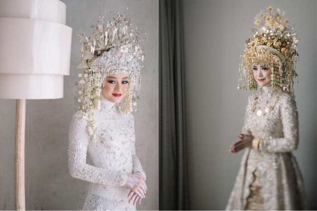 Kebaya yang dikenakan Dinda dan juga Ricis tampak dipenuhi dengan payet yang membuat penampilannya terlihat semakin elegan. Sebagai pelengkap, hiasan kepala berupa suntiang Palembang juga tampak dikenakan oleh Dinda dan Ricis. Foto: Instagram