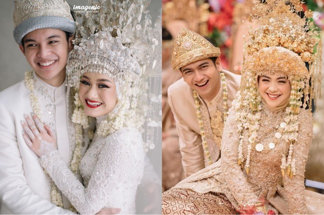 Kedua pasangan ini terlihat tampil kompak dan serasi. Dinda Hauw dan Rey terlihat elegan dengan pakaian adat berwarna putih silver, sedangkan Ricis dan Ryan tampil mewah dalam balutan busana bernuansa coklat keemasan. Foto: Instagram