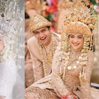 Kedua pasangan ini terlihat tampil kompak dan serasi. Dinda Hauw dan Rey terlihat elegan dengan pakaian adat berwarna putih silver, sedangkan Ricis dan Ryan tampil mewah dalam balutan busana bernuansa coklat keemasan. Foto: Instagram