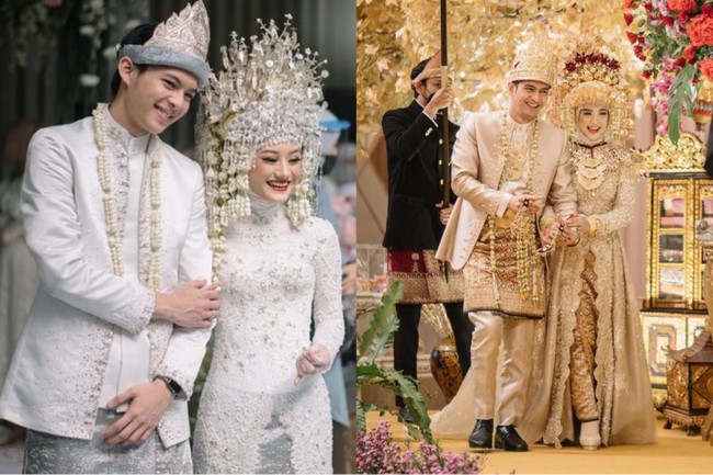 Kebaya brokat panjang warna putih yang dikenakan oleh Dinda Hauw tampak dipadukan dengan kain songket berwarna silver yang membuat penampilannya semakin menawan. Sedangkan Ricis memadukan kebaya coklatnya dengan kain songket berwarna senada. Foto: Instagram