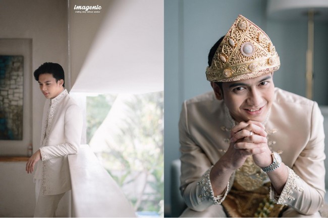 Sementara Ricis dan Dinda tampil cantik, Rey dan Ryan pun tampak gagah dalam balutan busana pengantin Palembang. Penampilan Rey dilengkapi dengan kopiah cuplak berwarna senada dengan pakaian yang dikenakannya. Foto: Instagram