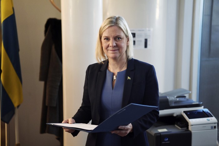 Sweden Politics Swedens Finance Minister and Scocial Democratic Party leader Magdalena Andersson poses for a photo during a press conference after being appointed Swedens new prime minister, in Stockhom, Wednesday, Nov. 24, 2021. Sweden’s parliament has approved Magdalena Andersson as the country’s first female prime minister. Lawmakers on Wednesday tapped the finance minister who recently became the new leader of the Social Democratic party. Andersson was tapped to replace Stefan Lofven as party leader and prime minister, roles he relinquished earlier this year. (Erik Simander/TT News Agency via AP)
