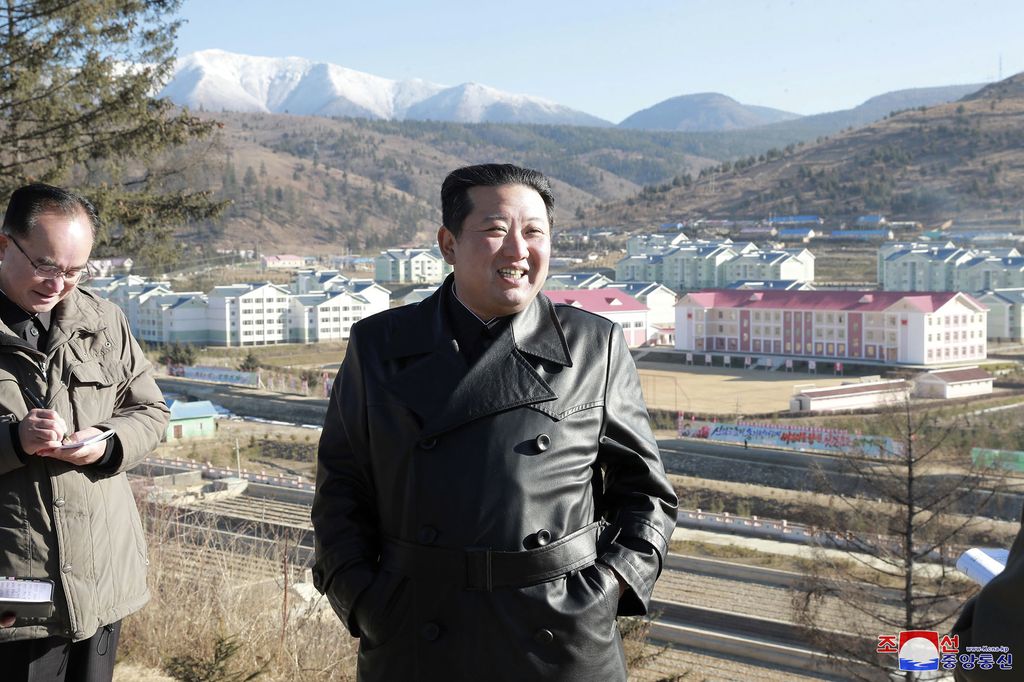 This undated photo provided on Nov. 16, 2021, by the North Korean government, North Korean leader Kim Jong Un inspects the construction site of Samjiyon city development project in Ryanggang province, North Korea. Independent journalists were not given access to cover the event depicted in this image distributed by the North Korean government. The content of this image is as provided and cannot be independently verified. Korean language watermark on image as provided by source reads: 
