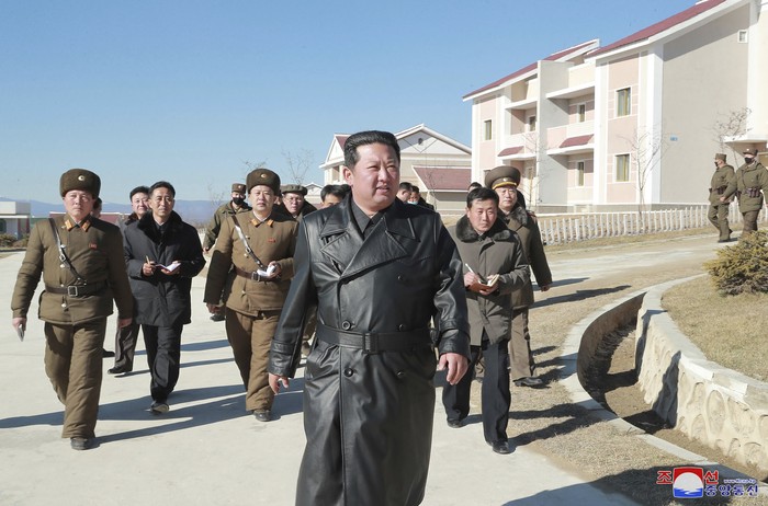 This undated photo provided on Nov. 16, 2021, by the North Korean government, North Korean leader Kim Jong Un inspects the construction site of Samjiyon city development project in Ryanggang province, North Korea. Independent journalists were not given access to cover the event depicted in this image distributed by the North Korean government. The content of this image is as provided and cannot be independently verified. Korean language watermark on image as provided by source reads: 