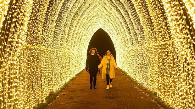 EDINBURGH, SCOTLAND - NOVEMBER 25: Merry Christmas is seen projected on to Inverleith House at the Royal Botanic Gardens Edinburgh on November 25, 2021 in Edinburgh, Scotland. The 2021 Christmas at the Botanics trail officially opens its doors today [25 November] until 2nd January 2022 unveiling several new magical attractions alongside many festive favourites at the Royal Botanic Garden Edinburgh.   (Photo by Peter Summers/Getty Images)