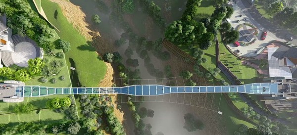 Jembatan kaca untuk pejalan kaki ini membentang sepanjang 120 meter dengan lebar 1,8 meter pada bentang utama dan 3 meter pada bagian awal dan tengah bentang, berada di atas jurang dengan kedalaman sekitar 80 meter. Foto: Dok. Ditjen Bina Marga Kementerian PUPR Jembatan kaca untuk pejalan kaki ini membentang sepanjang 120 meter dengan lebar 1,8 meter pada bentang utama dan 3 meter pada bagian awal dan tengah bentang, berada di atas jurang dengan kedalaman sekitar 80 meter. Foto: Dok. Ditjen Bina Marga Kementerian PUPR
