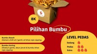 Raja Ciping Gerkalong menawarkan cirambay dengan harga Rp 8.000. Tersedia bumbu basah dan bumbu kering. Selain itu juga tersedia tingkat kepedasan sedang, pedas dan extra. Foto: Instagram @rajacipinggerlong