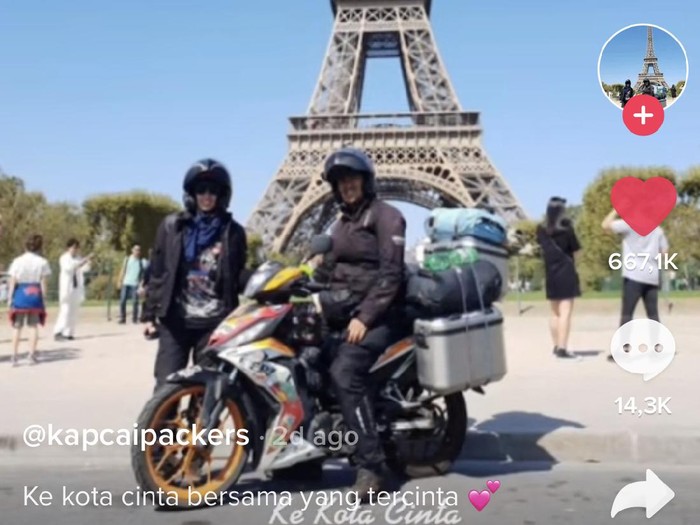 Kisah viral pasangan touring naik motor ke Paris. Kisah viral pasangan touring naik motor ke Paris.