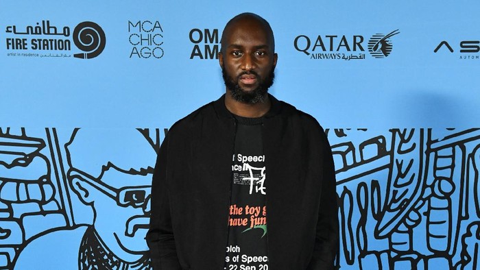 DOHA, QATAR - NOVEMBER 04: Virgil Abloh attends the opening of his exhibition “Figures of Speech” on November 4, 2021 at the Fire Station in Doha, Qatar. The exhibition opens as part of #QatarCreates, a cultural celebration connecting the fields of art, fashion, and design through a diverse program of exhibitions, awards, public talks, and special events, all taking place in the heart of Doha. (Photo by Craig Barritt/Getty Images for Qatar Museums )