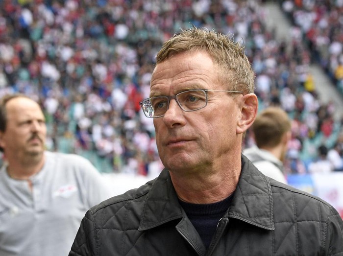 FILE - Leipzig's head coach Ralf Rangnick arrives for the German Bundesliga soccer match between RB Leipzig and SC Freiburg in Leipzig, Germany, on April 27, 2019. German coach Ralf Rangnick has been hired as Manchester United manager until the end of the season. The 63-year-old Rangnick has left his role as head of sports and development at Russian club Lokomotiv Moscow to take charge of the English club, which has been led by former player Michael Carrick since the firing of Ole Gunnar Solskjaer on Nov. 21. (AP Photo/Jens Meyer, File)
