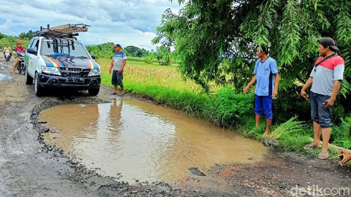 Jalan Dusun Lajuk, Desa Ngepoh, Dringu, Probolinggo, rusak parah. Warga memprotes rusaknya jalan tersebut dengan aksi tanam pohon, tanam padi, hingga memancing.