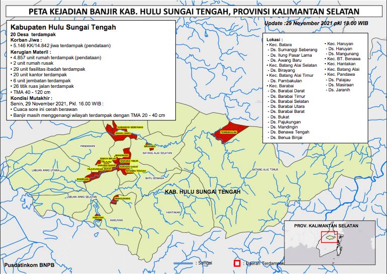 Banjir masih melanda Hulu Sungai Selatan, Kalsel. Sebanyak 14.842 warga di 20 desa menjadi korban. (dok BNPB)