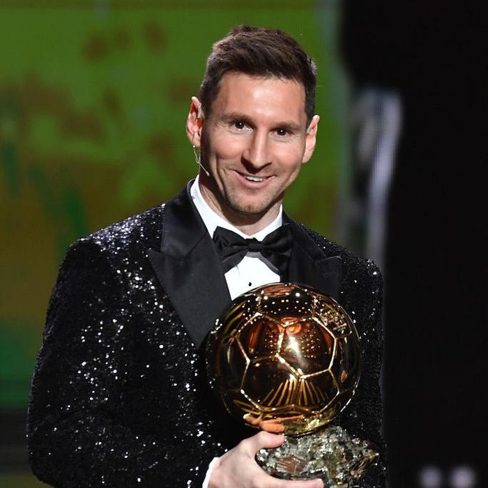 PARIS, FRANCE - NOVEMBER 29: Lionel Messi is awarded with his seventh Ballon DOr award during the Ballon DOr Ceremony at Theatre du Chatelet on November 29, 2021 in Paris, France. (Photo by Aurelien Meunier/Getty Images)