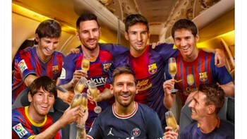 Messi dikelilingi oleh 6 sosok dari masa lalunya yang juga menang Ballon DOr. Foto: Twitter