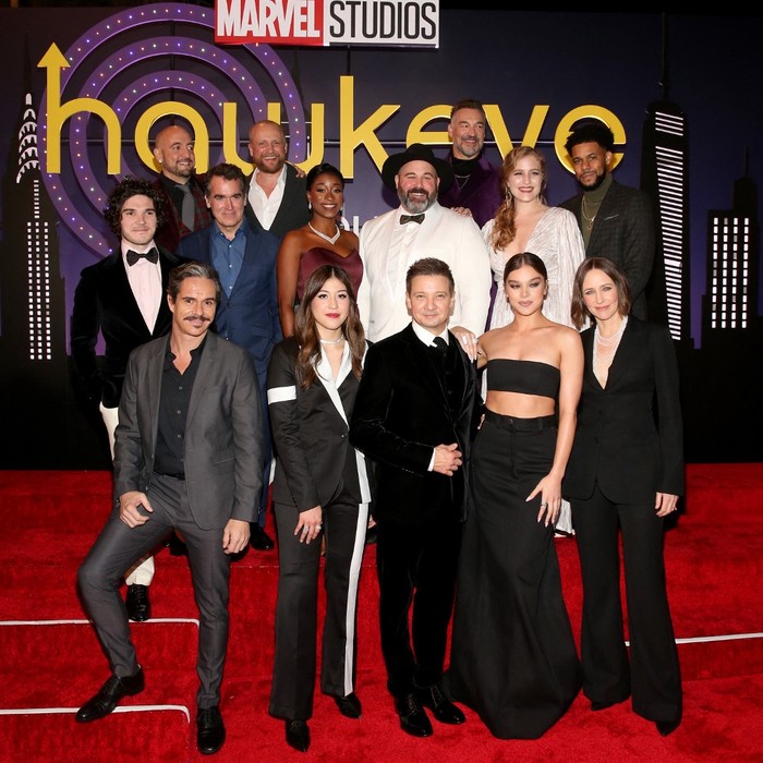 LOS ANGELES, CALIFORNIA - NOVEMBER 17: (Top L-R) Fra Fee, Carlos Navarro, Brian dArcy James, Piotr Adamczyk, Adetinpo Thomas, Robert Walker Branchaud, Aleks Paunovic, Adelle Drahos, and Clayton English; (Bottom L-R) Tony Dalton, Alaqua Cox, Jeremy Renner, Hailee Steinfeld, and Vera Farmiga attend the Hawkeye Los Angeles Launch Event at El Capitan Theatre in Hollywood, California on November 17, 2021.   Jesse Grant/Getty Images for Disney/AFP (Photo by Jesse Grant / GETTY IMAGES NORTH AMERICA / Getty Images via AFP)