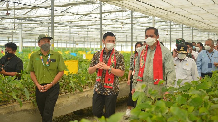 Menteri Perdagangan Muhammad Lutfi (tengah) bersama Bupati Pelalawan Zukri Misran (paling kiri), Wakil Gubernur Riau Edy Natar Nasution, dan Managing Director RGE (paling kanan) Anderson Tanoto melepas produk serat viscose rayon produksi PT Asia Pacific Rayon (APR) ke pasar global dan domestik, Rabu (1/12/2021) di Pangkalan Kerinci, Kabupaten Pelalawan, Provinsi Riau. Hingga awal kuartal IV, penjualan produk serat viscose rayon mencapai 111,01 kilo ton untuk pasar ekspor dan 77,51 kilo ton untuk pasar domestik. Selain itu, Mendag juga melepas ekspor kertas PaperOneTM, produksi PT Riau Andalan Pulp and Paper (RAPP), yang telah dijual ke lebih dari 75 negara dengan total ekspor mencapai lebih dari 755.000 ton