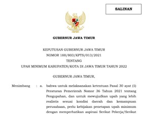 Ini Besaran UMK 38 Kabupaten/Kota di Jatim 2022