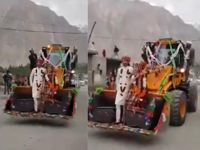 Viral pasangan pengantin yang diarak menggunakan bulldozer.