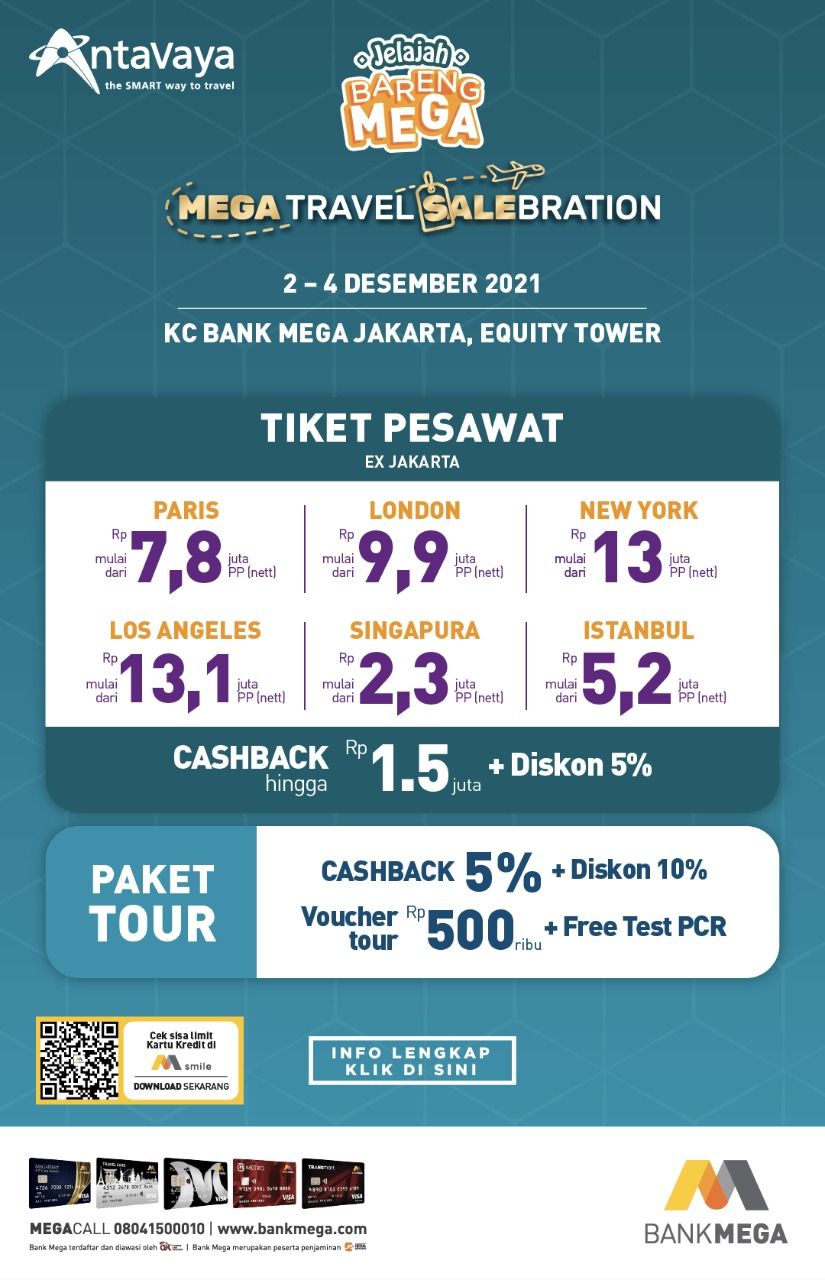 Selama awal bulan Desember ini, AntaVaya dan Bank Mega menggelar promo tiket pesawat dan paket tour.  Traveler bisa mendapatkan potongan harga yang menarik.