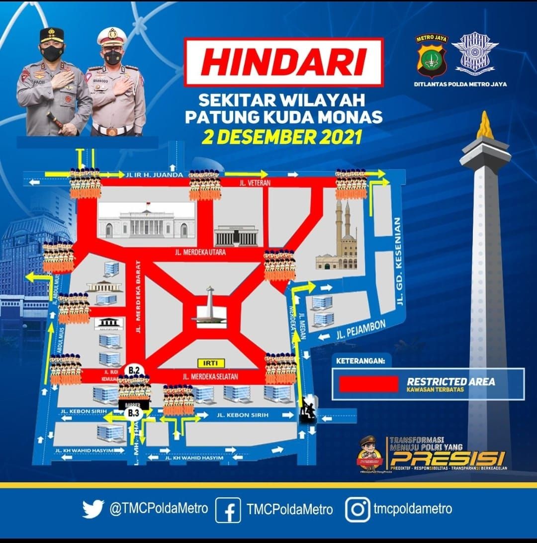 Polda Metro Jaya melakukan rekayasa lalu lintas dengan menutup sejumlah ruas jalan menuju Patung Kuda dan Monas, Jakarta Pusat (Jakpus). Penutupan jalan menuju Patung Kuda dan Monas ini untuk mencegah massa Reuni 212.