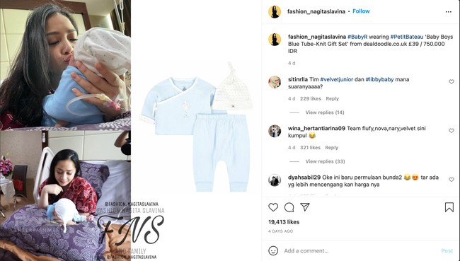 Baru saja lahir, harga dari outfit baby Rayyanza memang sudah berhasil membuat netizen tercengang. Masih dalam merek yang sama, Petit Bateau, dalam foto ini baby Rayyanza tampak mengenakan Baby Boys Blue Tube-Knit Gift Set seharga Rp 750 ribu. Foto: Instagram/@fashion_nagitaslavina