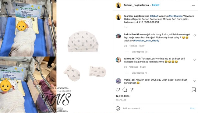 Tak mau setengah-setengah dalam memilih barang-barang untuk anak keduanya, untuk topi dan sarung tangan sang anak, Nagita dan Raffi mempercayakan merek asal Perancis Petit Bateau. Newborn Babies Organic Cotton Bonnet and Mittens Set itu dibanderol dengan harga sekitar Rp 300 ribu. Foto: Instagram/@fashion_nagitaslavina