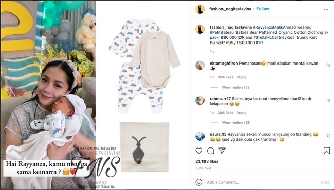 Tak kalah bikin tercengang, harga outfit dari baby Rayyanza yang satu ini mencapai jutaan rupiah. Pakaian Babies Bear Patterned Organic Cotton Clothing 3-pack itu dibanderol dengan harga sekitar Rp 880 ribu. Sedangkan untuk selimutnya, Bunny Knit Blanket yang berasal dari Stella McCartney Kids dibanderol dengan harga sekitar Rp 1,5 juta. Foto: Instagram/@fashion_nagitaslavina