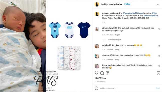 Tampak tertidur pulas bersama sang kakak, Rafathar Malik Ahmad, baby Rayyanza terlihat menggemaskan dengan baju berwarna biru dan diselimuti kain bermotif awan. Dilansir dari akun Instagram @fashion_nagitaslavina, pakaian yang dikenakan oleh baby Rayyanza itu berasal dari merek Nike. Baby Bodysuit 3-pack dibanderol dengan harga sekitar Rp 501 ribu, sedangkan kainnya Harry Potter Swaddle 4-pack berharga sekitar Rp 859 ribu. Foto: Instagram/@fashion_nagitaslavina