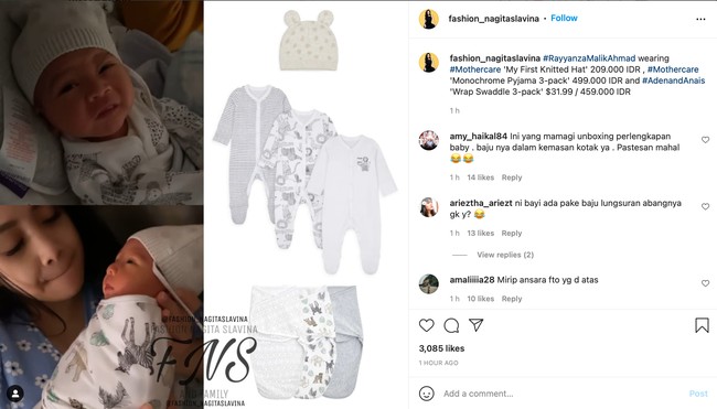 Penampilan baby Rayyanza yang satu ini pun tak kalah menggemaskan. Tampil dengan topi My First Knitted Hat dari Mothercare yang berharga Rp 209 ribu, pakaian bermotif gambar hewan Monochrome Pyjama 3-pack seharga Rp 499 ribu, dan kain bedong bayi Wrap Swaddle 3-pack dari Aden and Anais seharga Rp 459 ribu, penampilan baby Rayyanza benar-benar menyita perhatian. Bagaimana menurutmu? Foto: Instagram/@fashion_nagitaslavina