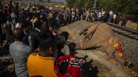 Orang-orang berdiri di sekitar gajah jantan liar, salah satu dari dua yang terbunuh oleh kereta api, di Durung Pathar, di negara bagian Assam, India timur laut. Kereta yang melaju kencang telah menabrak puluhan gajah liar di Assam di masa lalu.