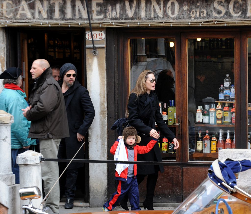 Actors Angelina Jolie and Brad Pitt walk out of a shop with Shiloh Nouvel in Venice, Tuesday, Feb. 16, 2010. Angelina Jolie is in Venice to shoot scenes of the movie 