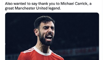 Bruno Fernandes mengaku bahagia dengan penampilannya semalam. Juga ingin mengucap terima kasih pada Michael Carrick, legenda MU yang hebat, cetusnya. Foto: Twitter