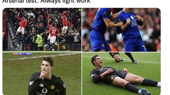 Lawan Arsenal selalu ringan saja, demikian sindir meme ini. Foto: Twitter