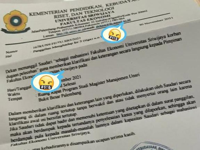 Surat resmi pemanggilan dari Dekanat Unsri berisi dugaan intimidasi terhada mahasiswi pelapor kasus pencabulan. (Dok. Grup WhatsApp/Medsos)