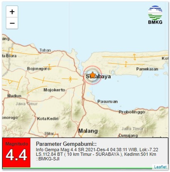 Gempa berkekuatan M 4,4 mengguncang Surabaya Jawa Timur. Gempa terjadi pukul 04:38:11 WIB