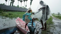 Seorang murid turun dari atas perahu usai melintasi persawahan yang terendam banjir. Sejumlah murid setempat mengaku terpaksa menggunakan perahu untuk ke sekolah karena akses jalan kebanjiran.
