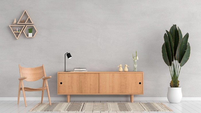 Wood sideboard and chair in living room for mockup, 3D rendering