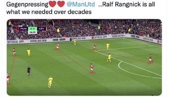 Taktik gegenpressing yaitu menekan terus-menerus ke pertahanan lawan langsung diterapkan Rangnick dalam laga perdana MU melawan Crystal Palce. Ini yang kita perlukan, tulis netizen ini. Foto: Twitter