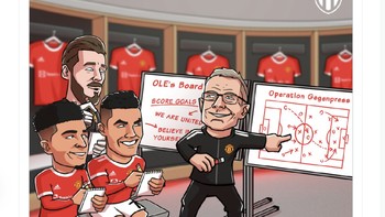 Rangnick digambarkan menjelaskan taktik gegenpressing pada para pemain MU sebelum laga. Foto: Twitter