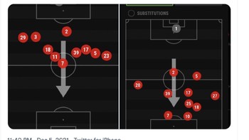 Terlihat bagaimana perbedaan taktik MU di bawah Ole dan Rangnick, di mana para pemain MU rajin berada di depan dengan taktik gegenpressing. Foto: Twitter