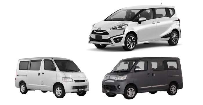 Pilihan low MPV pintu geser Toyota Sienta (atas), Daihatsu Gran Max (kiri), dan Daihatsu Luxio (kanan)